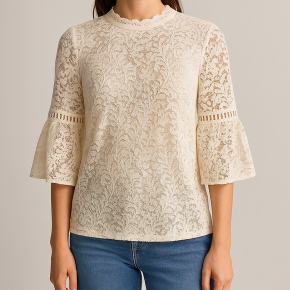 Loft Cream Lace Bell Sleeve Top Blouse Women's Medium Mock Neck - Picture 1 of 5